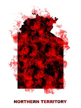 Northern Territory Australia Map Fire on White Background. Bushfire In Australia Wilderness. Save Australia Concept. Series of Massive Bushfires Across Australia.の写真素材