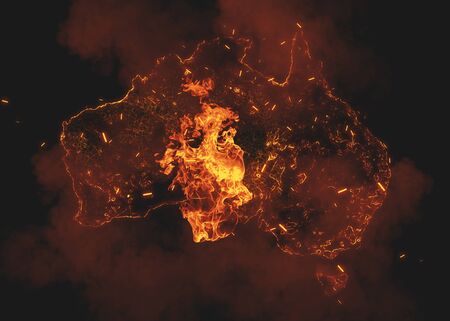Australia Continent Map on Bushfire In Australia Wilderness. Save Australia Social Poster.の写真素材