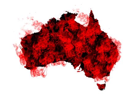 Australia Map Fire on White Background. Bushfire In Australia Wilderness. Save Australia Concept. Series of Massive Bushfires Across Australia.の写真素材