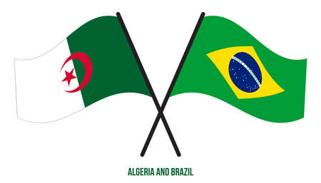 Algeria and Brazil Flags Crossed And Waving Flat Style. Official Proportion. Correct Colors.のイラスト素材