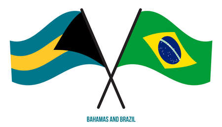 Bahamas and Brazil Flags Crossed And Waving Flat Style. Official Proportion. Correct Colors.のイラスト素材