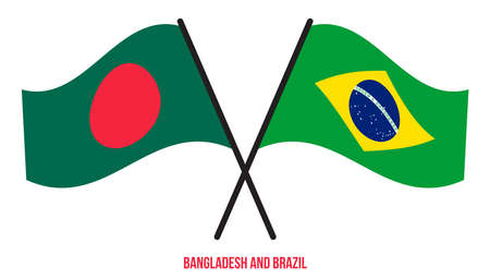 Bangladesh and Brazil Flags Crossed And Waving Flat Style. Official Proportion. Correct Colors.のイラスト素材