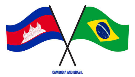 Cambodia and Brazil Flags Crossed And Waving Flat Style. Official Proportion. Correct Colors.のイラスト素材