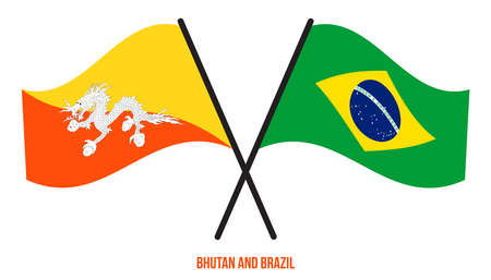 Bhutan and Brazil Flags Crossed And Waving Flat Style. Official Proportion. Correct Colors.のイラスト素材