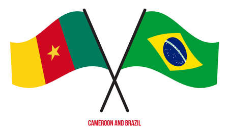 Cameroon and Brazil Flags Crossed And Waving Flat Style. Official Proportion. Correct Colors.のイラスト素材