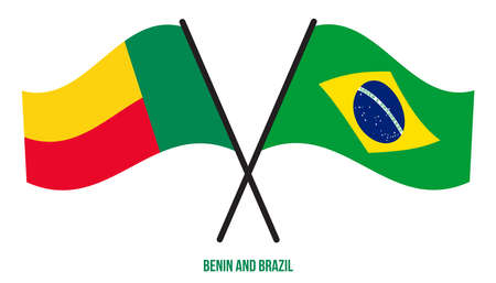 Benin and Brazil Flags Crossed And Waving Flat Style. Official Proportion. Correct Colors.のイラスト素材