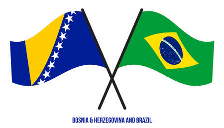 Bosnia & Herzegovina and Brazil Flags Crossed And Waving Flat Style. Official Proportion Colors.のイラスト素材