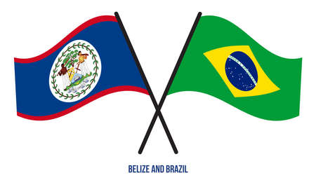 Belize and Brazil Flags Crossed And Waving Flat Style. Official Proportion. Correct Colors.のイラスト素材
