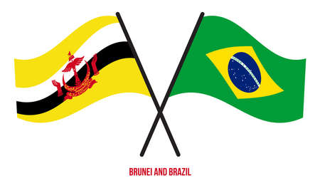 Brunei and Brazil Flags Crossed And Waving Flat Style. Official Proportion. Correct Colors.のイラスト素材