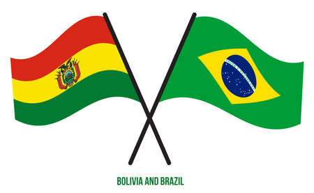 Bolivia and Brazil Flags Crossed And Waving Flat Style. Official Proportion. Correct Colors.のイラスト素材