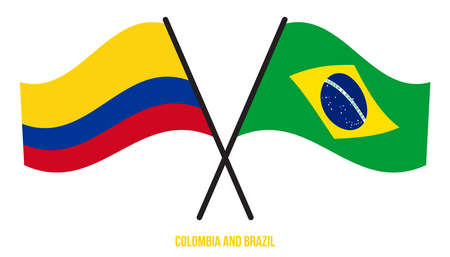 Colombia and Brazil Flags Crossed And Waving Flat Style. Official Proportion. Correct Colors.のイラスト素材