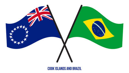 Cook Islands and Brazil Flags Crossed And Waving Flat Style. Official Proportion. Correct Colors.のイラスト素材