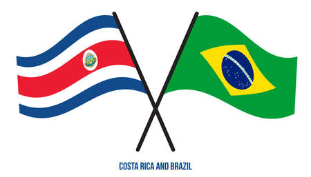 Costa Rica and Brazil Flags Crossed And Waving Flat Style. Official Proportion. Correct Colors.のイラスト素材