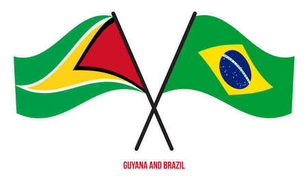 Guyana and Brazil Flags Crossed And Waving Flat Style. Official Proportion. Correct Colors.のイラスト素材