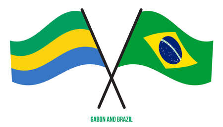 Gabon and Brazil Flags Crossed And Waving Flat Style. Official Proportion. Correct Colors.のイラスト素材
