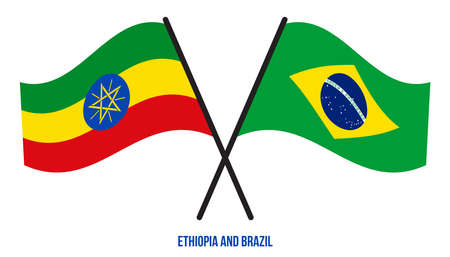 Ethiopia and Brazil Flags Crossed And Waving Flat Style. Official Proportion. Correct Colors.のイラスト素材