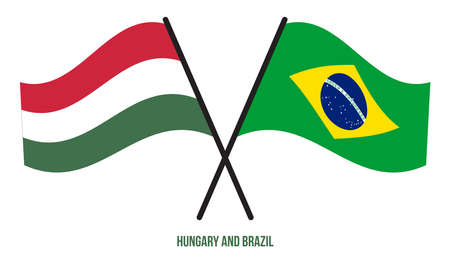 Hungary and Brazil Flags Crossed And Waving Flat Style. Official Proportion. Correct Colors.のイラスト素材