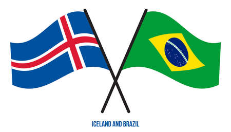 Iceland and Brazil Flags Crossed And Waving Flat Style. Official Proportion. Correct Colors.のイラスト素材