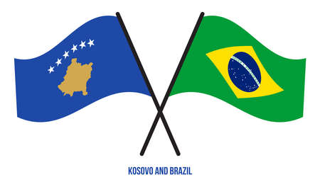 Kosovo and Brazil Flags Crossed And Waving Flat Style. Official Proportion. Correct Colors.のイラスト素材