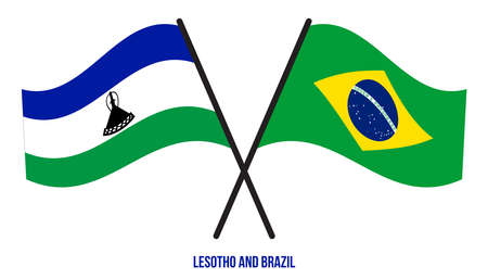 Lesotho and Brazil Flags Crossed And Waving Flat Style. Official Proportion. Correct Colors.のイラスト素材