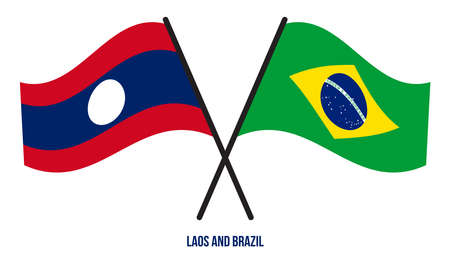 Laos and Brazil Flags Crossed And Waving Flat Style. Official Proportion. Correct Colors.のイラスト素材