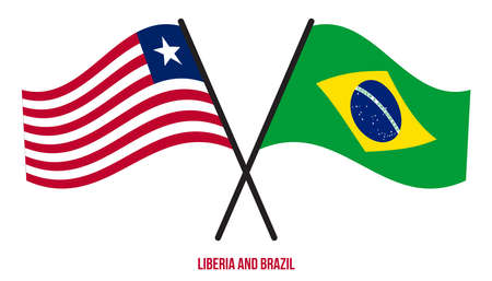 Liberia and Brazil Flags Crossed And Waving Flat Style. Official Proportion. Correct Colors.のイラスト素材