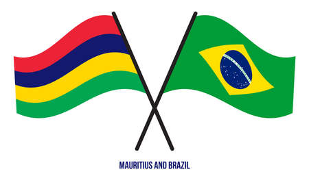Mauritius and Brazil Flags Crossed And Waving Flat Style. Official Proportion. Correct Colors.のイラスト素材