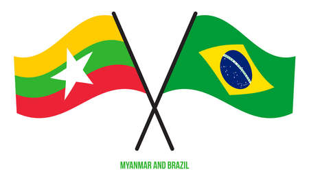 Myanmar and Brazil Flags Crossed And Waving Flat Style. Official Proportion. Correct Colors.のイラスト素材