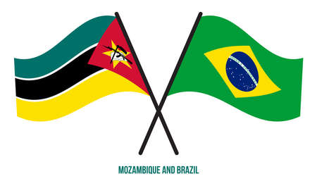 Mozambique and Brazil Flags Crossed And Waving Flat Style. Official Proportion. Correct Colors.のイラスト素材