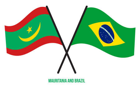 Mauritania and Brazil Flags Crossed And Waving Flat Style. Official Proportion. Correct Colors.のイラスト素材