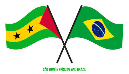 Sao Tome and Brazil Flags Crossed And Waving Flat Style. Official Proportion. Correct Colors.のイラスト素材