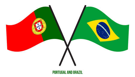 Portugal and Brazil Flags Crossed And Waving Flat Style. Official Proportion. Correct Colors.のイラスト素材