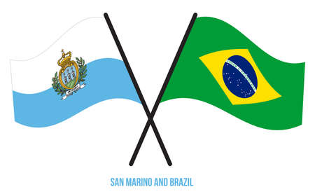 San Marino and Brazil Flags Crossed And Waving Flat Style. Official Proportion. Correct Colors.のイラスト素材