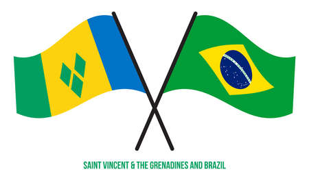 Saint Vincent & the Grenadines and Brazil Flags Crossed And Waving Flat Style. Official Proportion.のイラスト素材