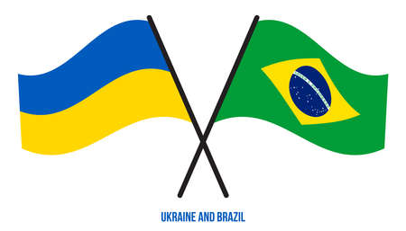 Ukraine and Brazil Flags Crossed And Waving Flat Style. Official Proportion. Correct Colors.のイラスト素材