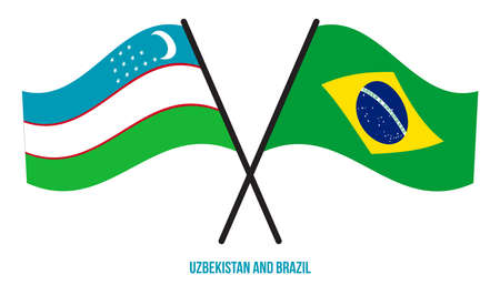 Uzbekistan and Brazil Flags Crossed And Waving Flat Style. Official Proportion. Correct Colors.のイラスト素材