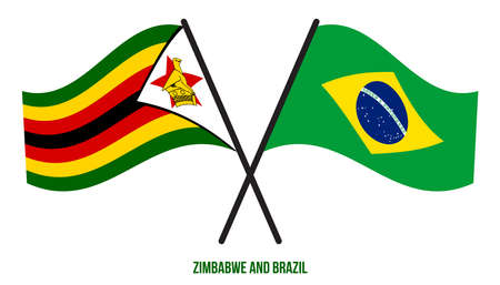 Zimbabwe and Brazil Flags Crossed And Waving Flat Style. Official Proportion. Correct Colors.のイラスト素材