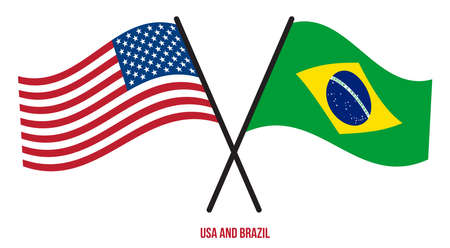 USA and Brazil Flags Crossed And Waving Flat Style. Official Proportion. Correct Colors.のイラスト素材