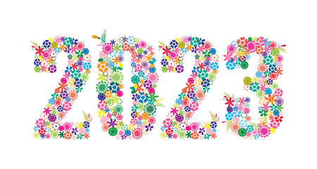 Happy New Year 2023 Colorful Floral Design Isolated on White Background Vector Illustration.のイラスト素材