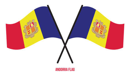 Two Crossed Waving Andorra Flag On Isolated White Background. Andorra Flag Vector Illustration.のイラスト素材
