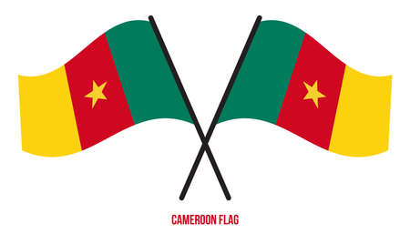 Two Crossed Waving Cameroon Flag On Isolated White Background. Cameroon Flag Vector Illustration.のイラスト素材
