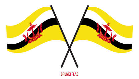 Two Crossed Waving Brunei Flag On Isolated White Background. Brunei Flag Vector Illustration.のイラスト素材