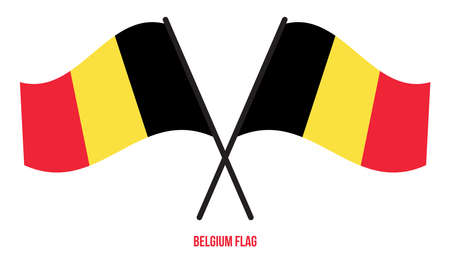 Two Crossed Waving Belgium Flag On Isolated White Background. Belgium Flag Vector Illustration.のイラスト素材