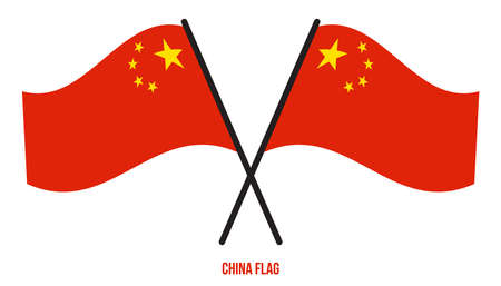 Two Crossed Waving China Flag On Isolated White Background. China Flag Vector Illustration.のイラスト素材