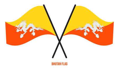 Two Crossed Waving Bhutan Flag On Isolated White Background. Bhutan Flag Vector Illustration.のイラスト素材