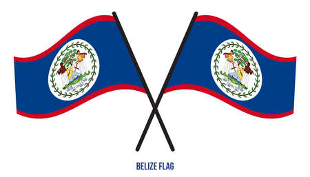 Two Crossed Waving Belize Flag On Isolated White Background. Belize Flag Vector Illustration.のイラスト素材