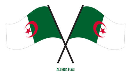 Two Crossed Waving Algeria Flag On Isolated White Background. Algeria Flag Vector Illustration.のイラスト素材