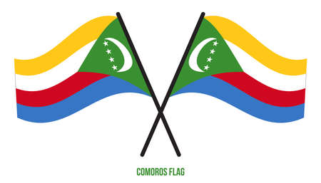 Two Crossed Waving Comoros Flag On Isolated White Background. Comoros Flag Vector Illustration.のイラスト素材