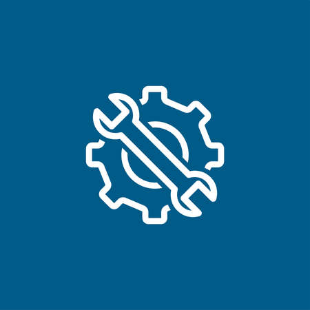 Service Tools Blue Line Icon On White Background. Blue Gear Wheel & Hammer Flat Style Vector Illustration.のイラスト素材