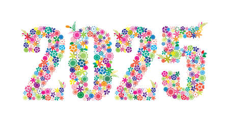 Happy New Year 2025 Colorful Floral Design Isolated on White Background Vector Illustration.のイラスト素材